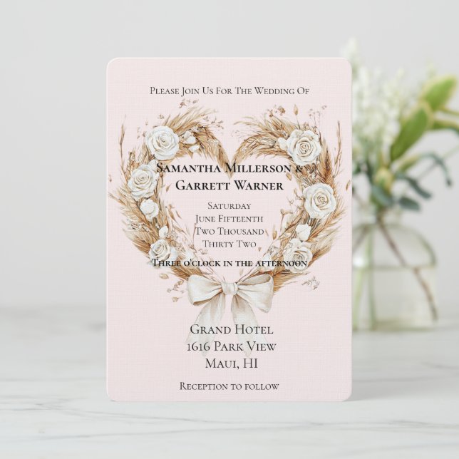 Invitation Roses blanches Floral Mariage Bow Coeur (Debout devant)
