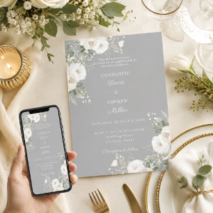 Invitation Roses blanches ivoire mariage gris