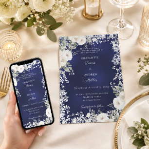 Invitation Roses blanches ivoire neige bleue mariage d'hiver