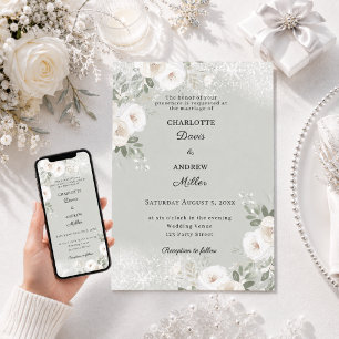 Invitation Roses blanches ivoire, sauge verte, neige, mariage