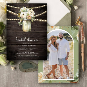 Invitation Roses Blanches Jar Mason Photo Shower de Mariage
