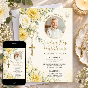 Invitation Roses blanches jaunes Photo funéraire catholique