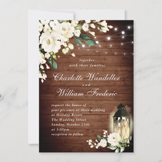 Invitation Roses blanches Lanterne en bois rustique Mariage a (Devant)