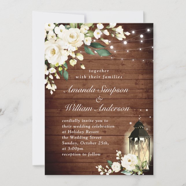 Invitation Roses blanches Mariage d'aquarelle en bois rustiqu (Devant)