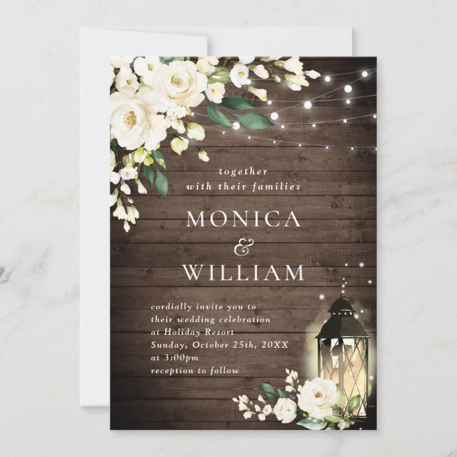 Invitation Roses blanches Mariage d'aquarelle en bois rustiqu (Devant)