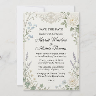 Invitation Roses blanches, myosotis, lavande, lierre, bouleau
