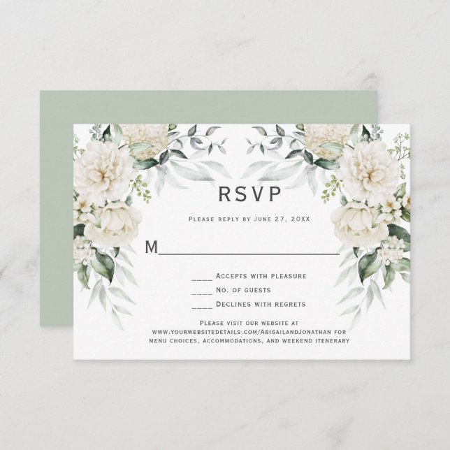 Invitation Roses blanches, Peonies Eucalyptus RSVP (Devant / Derrière)
