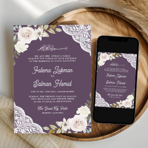 Invitation Roses blanches pourpres dentelles Mariage musulman
