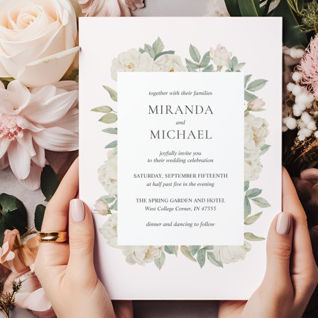 Invitation Roses blanches romantiques Élégant MARIAGE (Créateur téléchargé)