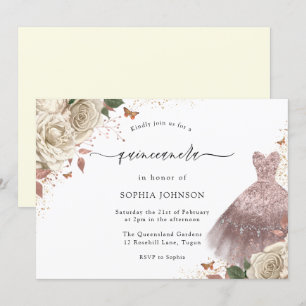 Invitation Roses blanches Rose or robe étincelante Quinceaner