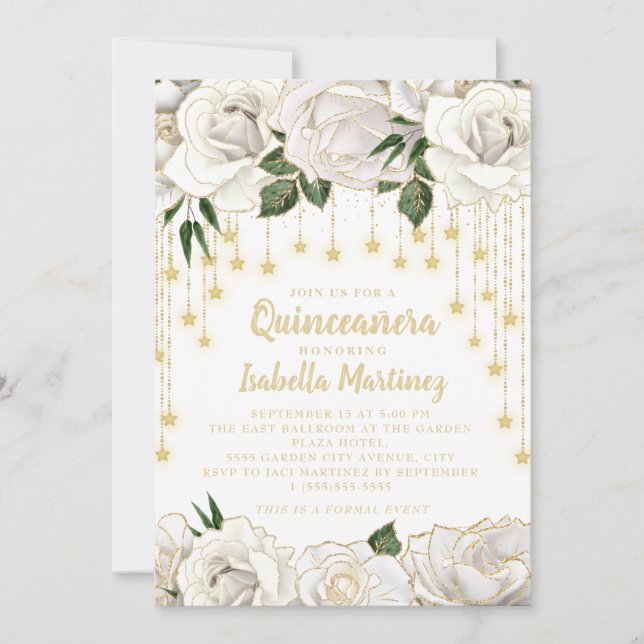 Invitation Roses blanches String or étoile Quinceañera In (Devant)