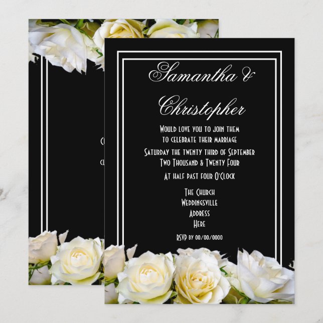 Invitation Roses blanches sur mariage floral noir (Devant / Derrière)