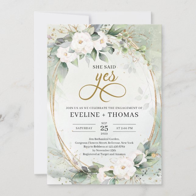 Invitation Roses blanches verdure eucalyptus or elle a dit ou (Devant)
