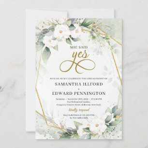 Invitation Roses blanches verdure feuillage or elle a dit oui