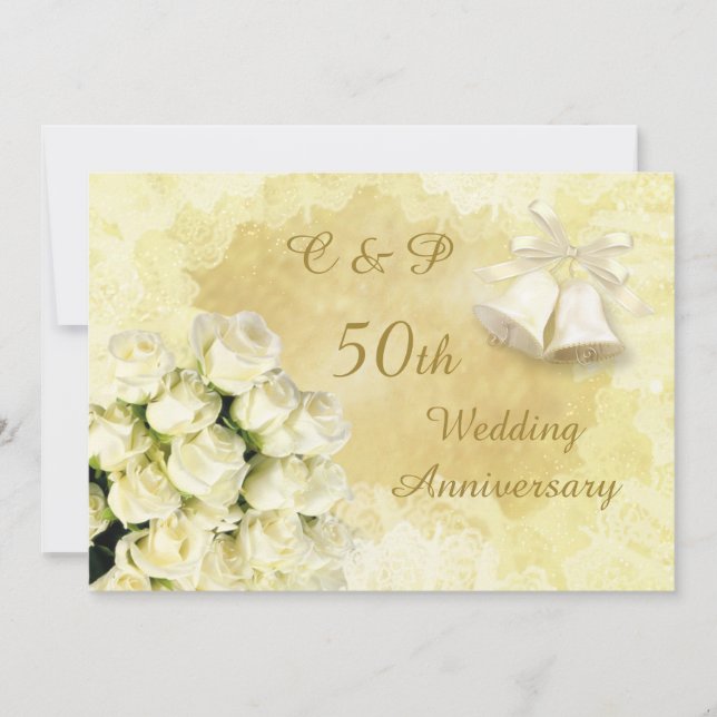 Invitation Roses blancs et cloches 50e anniversaire de mariag (Devant)
