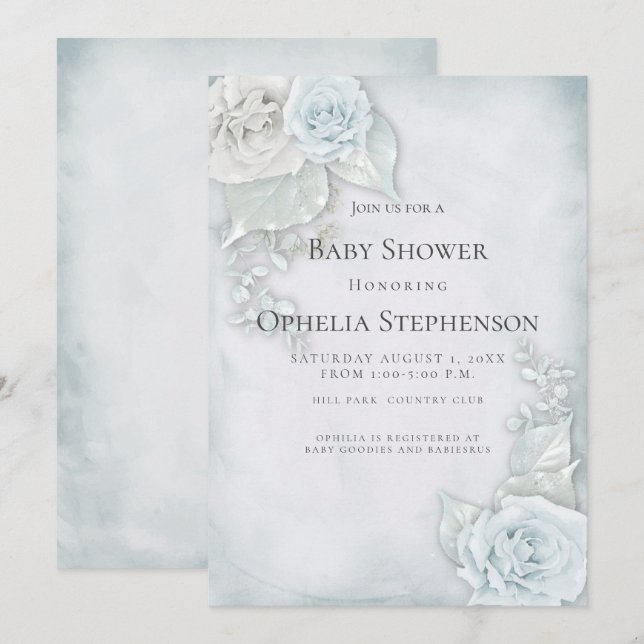 Invitation Roses Bleues Bleues baby showers (Devant / Derrière)