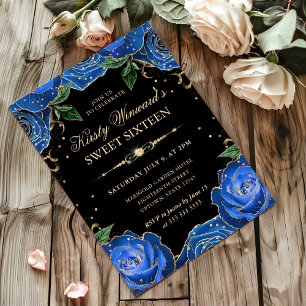 Invitation Roses Bleues et Dorées Fleurs Douze ans
