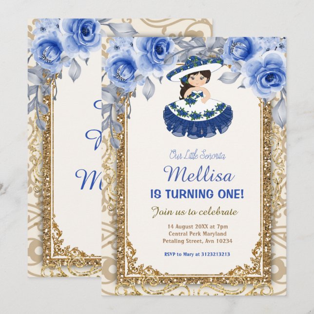 Invitation Roses bleus de la marine et anniversaire de l'or m (Devant / Derrière)