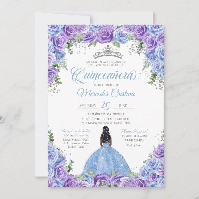 Invitation Roses bleus et violets & argent Tiara Quinceanera  (Devant)