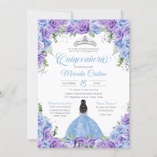 Invitation Roses bleus et violets & argent Tiara Quinceanera 