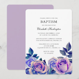 Invitation Roses bleus et violets. Baptême floral aquarelle