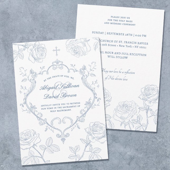 Invitation Roses Blue Crest Catholic Wedding (Créateur téléchargé)