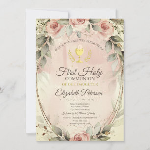 Invitation Roses Blush Aquarelle Première Sainte Communion