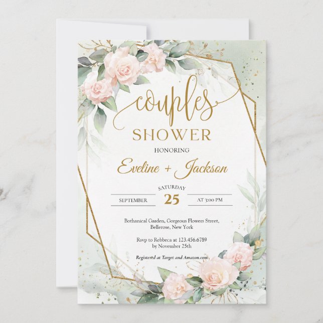 Invitation Roses blush branchés et couples d'eucalyptus douch (Devant)