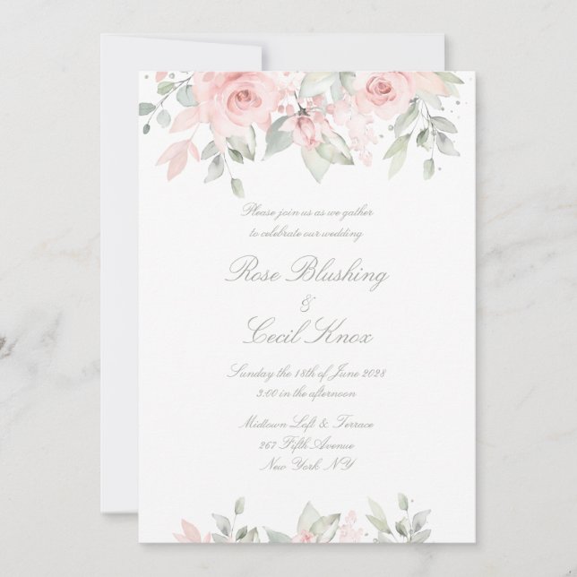 Invitation Roses Blushing Matte White Arrière - plan Mariage (Devant)