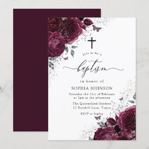 Invitation Roses Bourgogne Magique Avec Baptême Élégant Argen