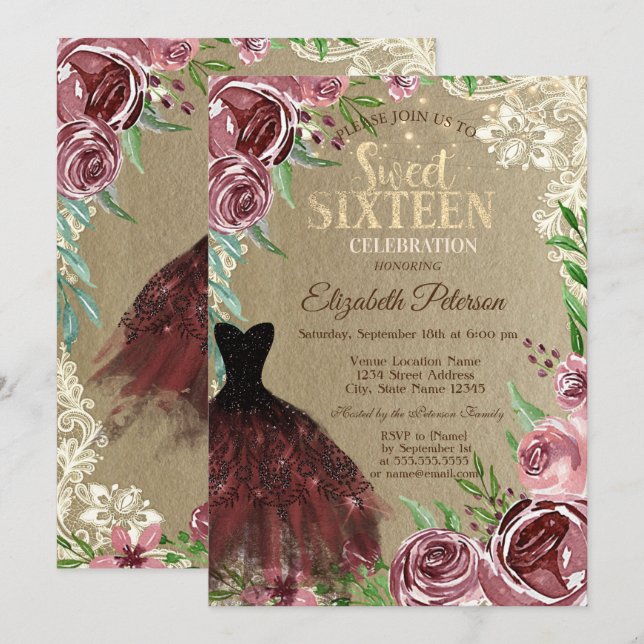 Invitation Roses Bourgogne, Robe, Lumières, Dentelle Douce 16 (Devant / Derrière)