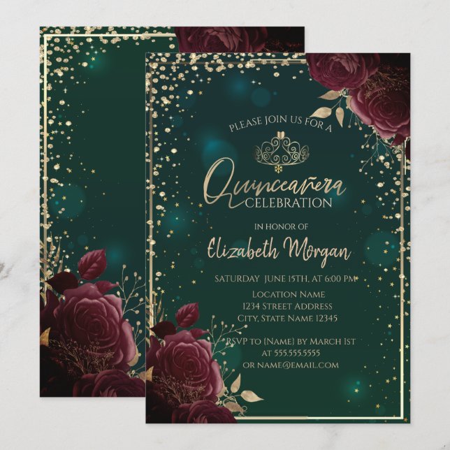 Invitation Roses Bourgogne, Tiare d'or, Quinceañera de diaman (Devant / Derrière)
