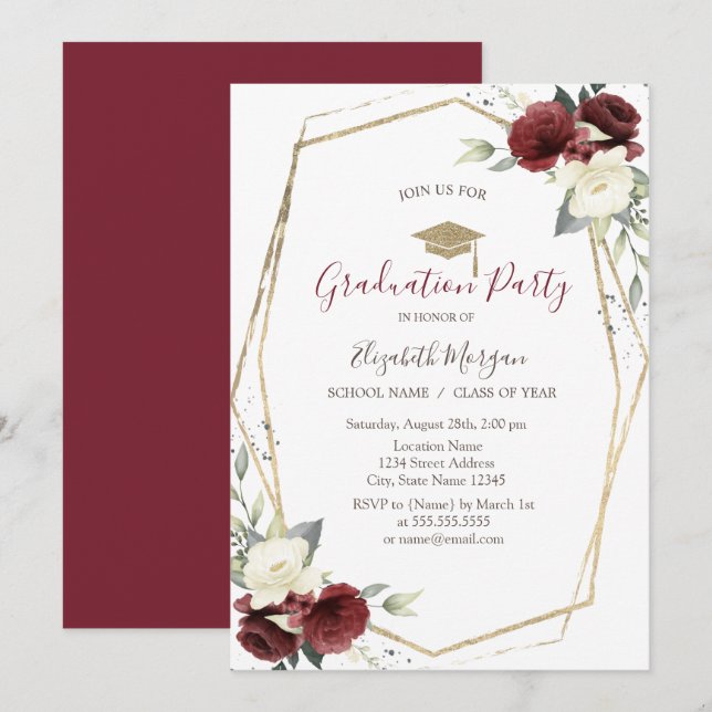 Invitation Roses Chic Bourgogne, Casquette de grade, Diplôme (Devant / Derrière)