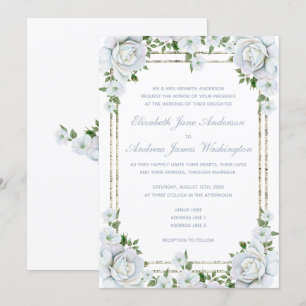 Invitation Roses chic et Mariage floral frontière argent