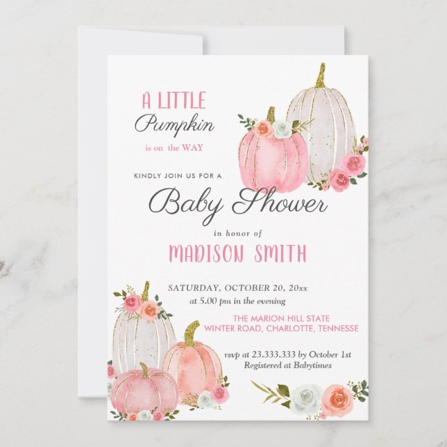 Invitation Roses Citrouille rose aquarelle | BABY SHOWER (Devant)
