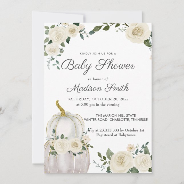 Invitation Roses Citrouilles blancs Aquarelle | BABY SHOWER (Devant)