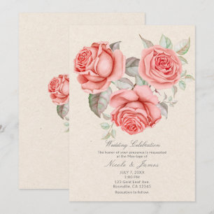 Invitation Roses Corail Pêche Vintage Feuillage Mariage