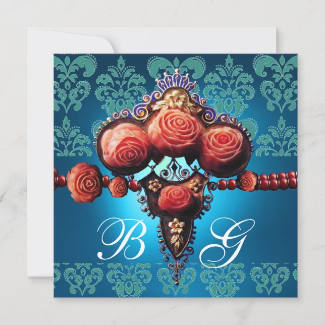 INVITATION ROSES CORAIL ROUGE, DAMAS MONOGRAMME BLEU AQUA NOI (Devant)