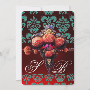 INVITATION ROSES CORAIL ROUGE, DAMAS MONOGRAMME BLEU TURQUOIS