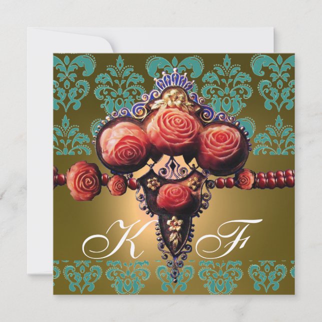 INVITATION ROSES CORAIL ROUGE, DAMAS MONOGRAMME NOIR VERT JAU (Devant)