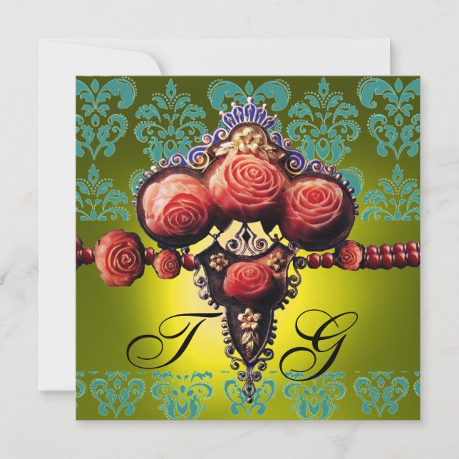 INVITATION ROSES CORAIL ROUGE, DAMAS MONOGRAMME NOIR VERT JAU (Devant)