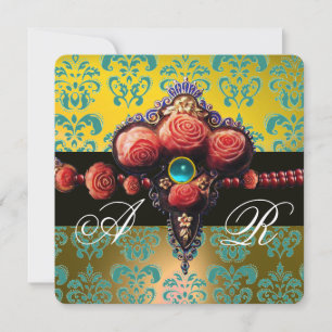 INVITATION ROSES CORAIL ROUGE, MONOGRAMME DAMASSÉ BLEU AQUA J