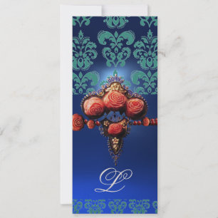 INVITATION ROSES CORAIL ROUGE, MONOGRAMME DAMASSÉ BLEU AQUA N