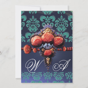 INVITATION ROSES CORAIL ROUGE, MONOGRAMME DAMASSÉ BLEU AQUA N