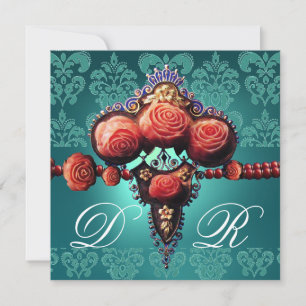 INVITATION ROSES CORAIL ROUGE, MONOGRAMME DAMASSÉ NOIR BLEU A