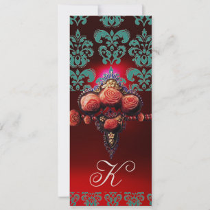 INVITATION ROSES CORAIL ROUGE OR, MONOGRAMME DAMASSÉ BLEU NOI