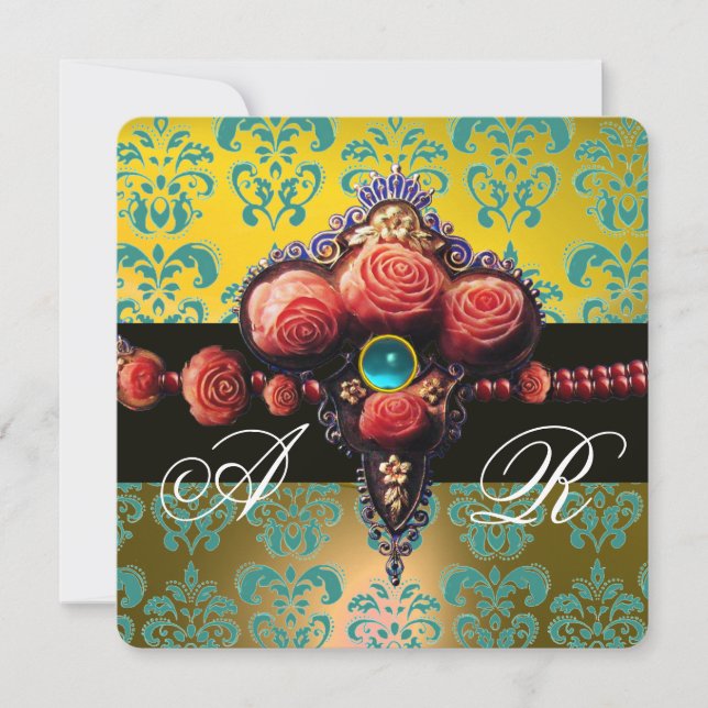 INVITATION ROSES CORAIL ROUGES, MONOGRAMME DAMASSÉ BLEU AQUA  (Devant)