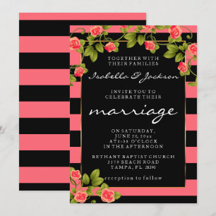 Invitation Roses coralliens sur corail et rayures noires