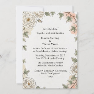 Invitation Roses Crème, Feuilles de Lierre, Feuillage Aquarel