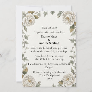 Invitation Roses Crème, Feuilles de Lierre, Feuillage Aquarel